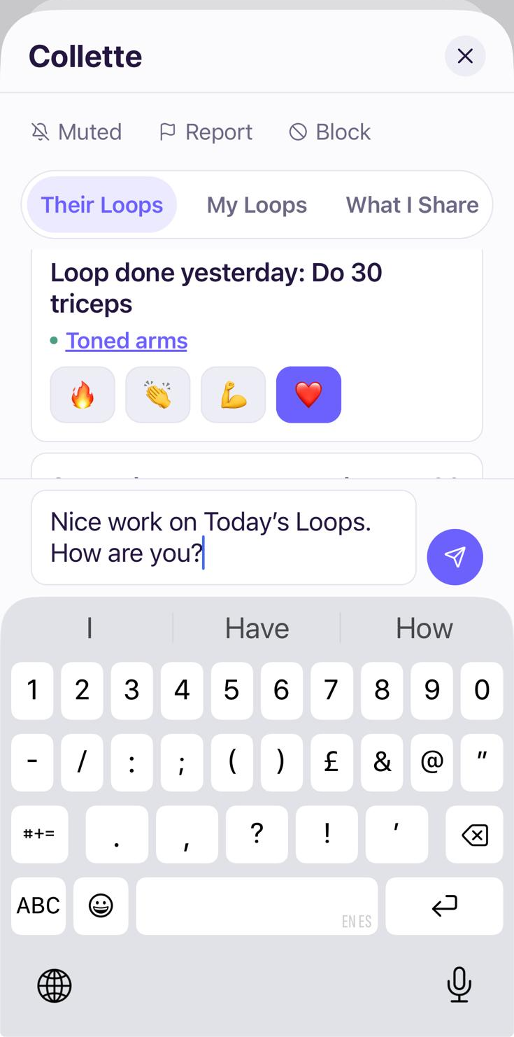 A buddy's Loops in Loops, with emoji reactions and short messages