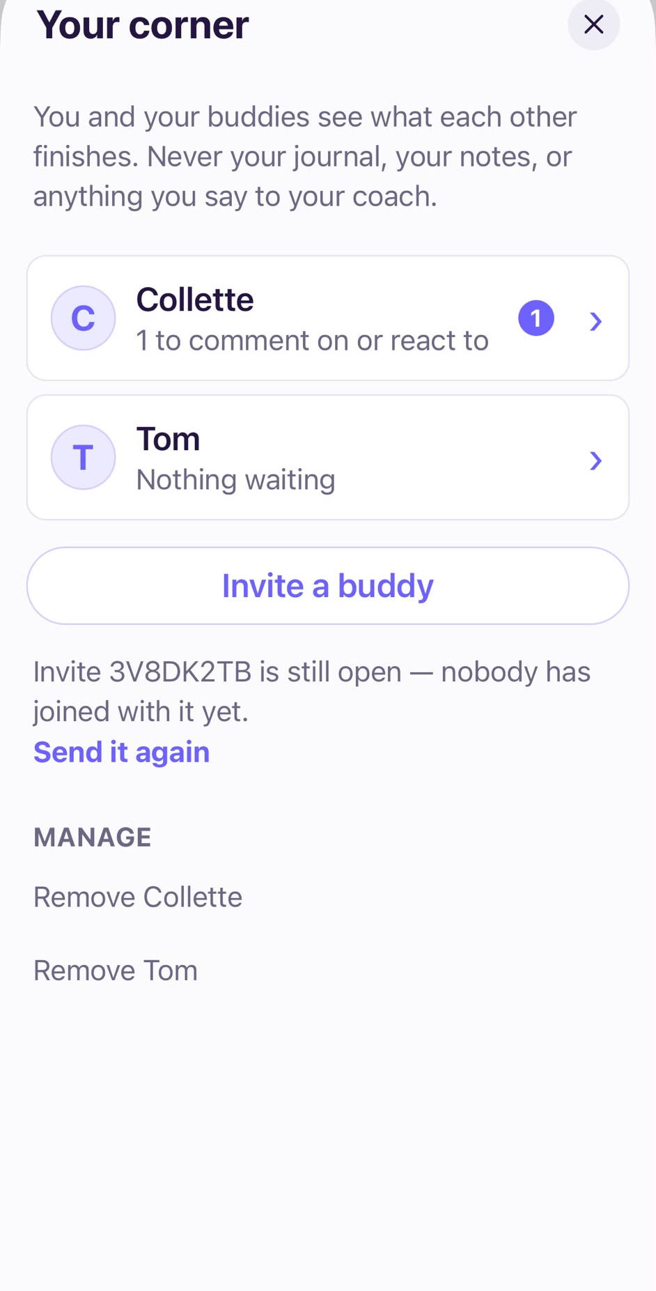 The Your corner screen in Loops, listing two buddies and an open invite