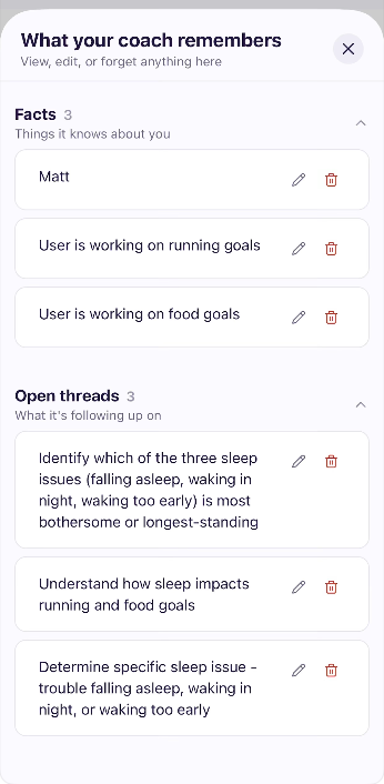 Dora's memory screen in Loops, showing what she remembers and what she is following up on